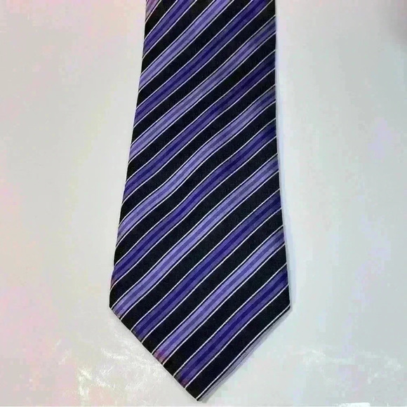 SEAN JOHN Mens Necktie Purple Black & Silver Striped 100% Silk Tie Classic Width - Picture 5 of 6